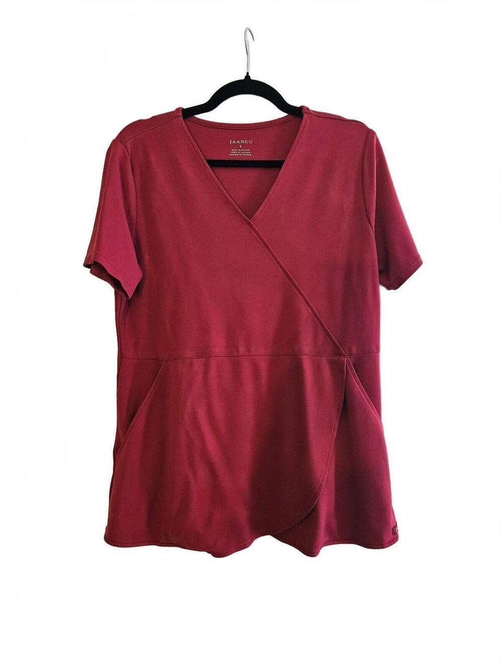 Jaanuu Women's V-Neck Short Sleeve Mock-Wrap Scrub Top in Burgundy, Size L